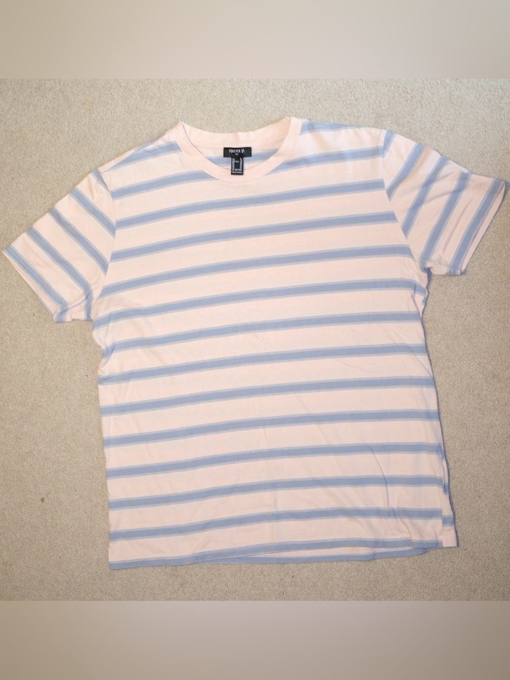 Forever 21 Men Pink & Light Blue Striped Crew Tee